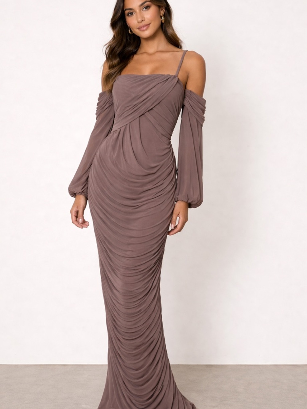 Club L London Taupe Ruched Bardot Floor Length Maxi Dress size 12